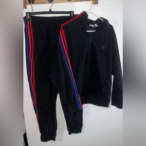 ADIDAS WOMENS XL SET TRACKPANT &TRACK JACKET BLACK W PINK, RED & BLUE STRIPES.